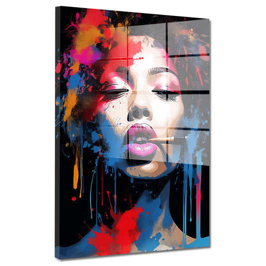 Pop Art modern coole Frau Gesicht Splash Acrylglasbild Wandbild Bild Wanddeko XL