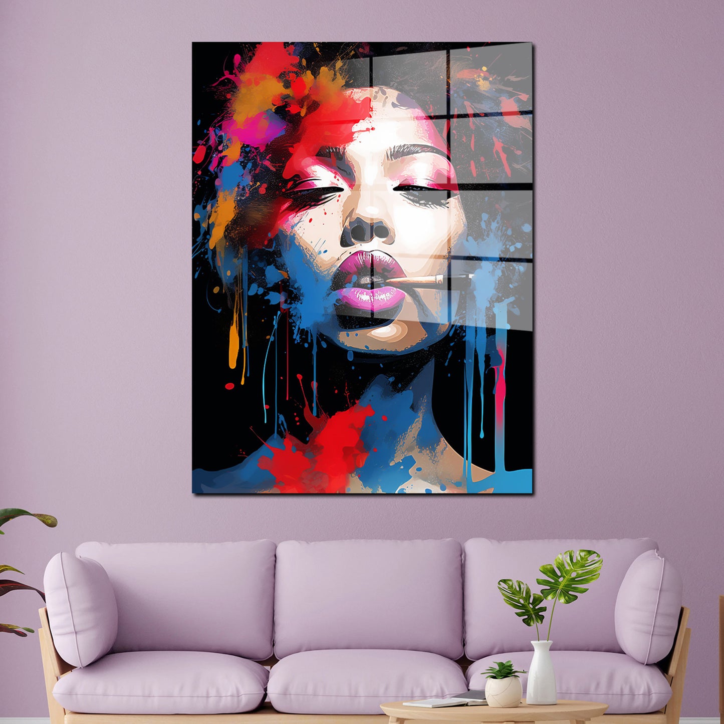 Pop Art modern coole Frau Gesicht Splash Acrylglasbild Wandbild Bild Wanddeko XL