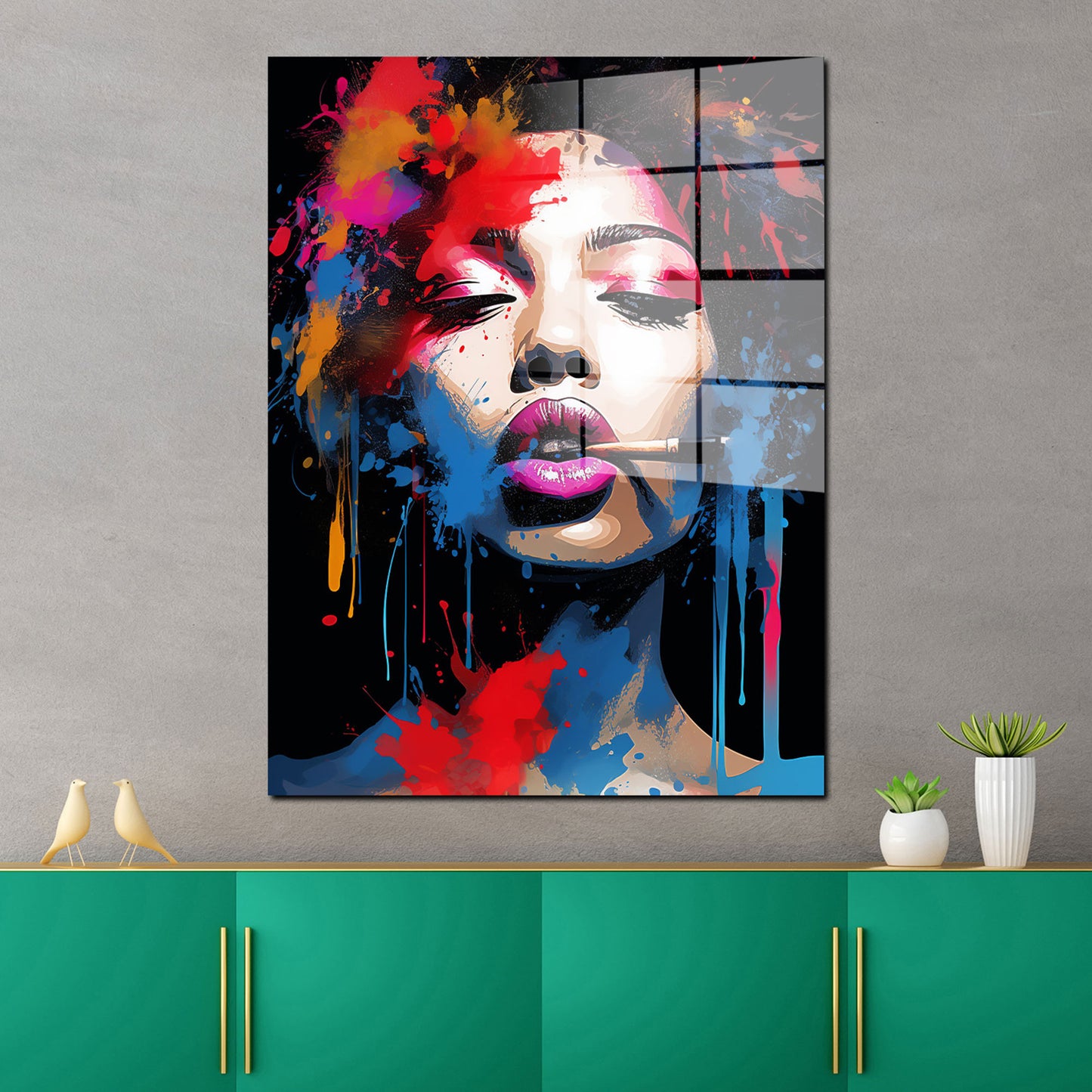 Pop Art modern coole Frau Gesicht Splash Acrylglasbild Wandbild Bild Wanddeko XL