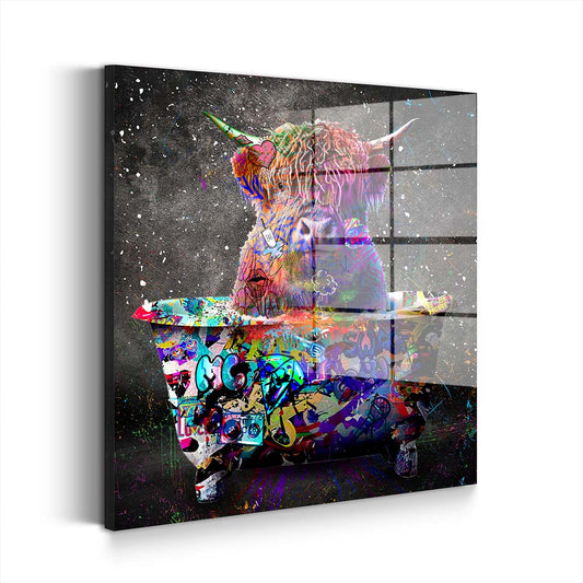 Stier in Badewanne Graffiti Art Acrylglasbild Wandbild Bild Wanddeko Wohnzimmer XL