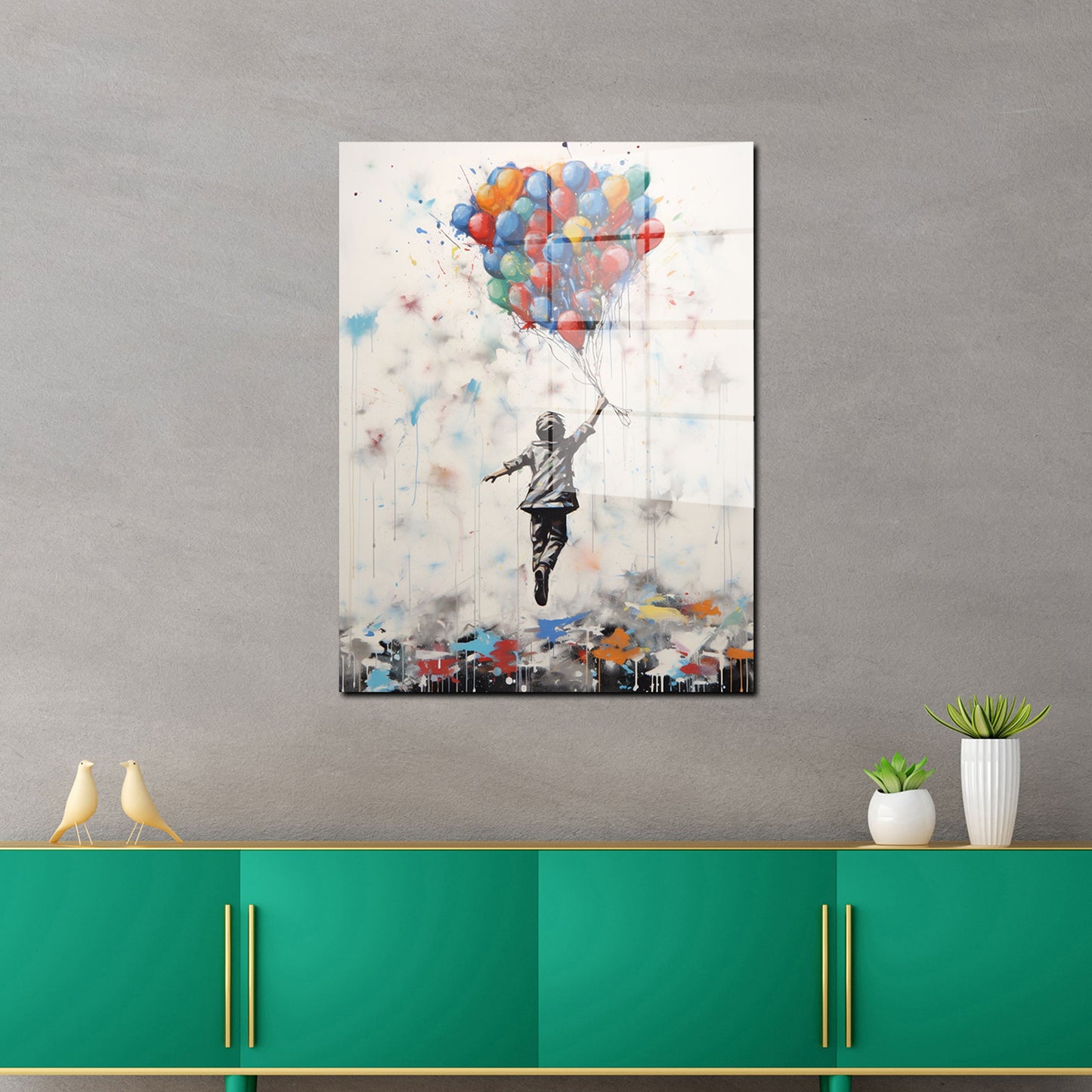 Street Art Junge abstrakt mit Luftballons Acrylglasbild Wandbild Bild Wanddeko XL
