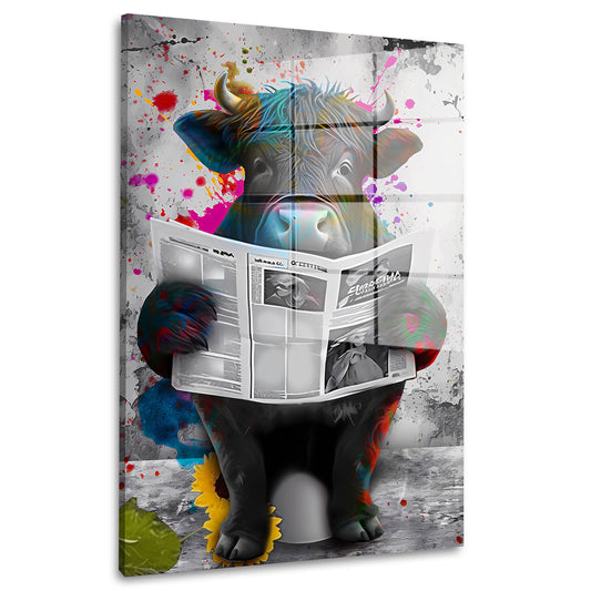Street Art Stier Zeitung lesend Acrylglasbild Wandbild Bild Wanddeko Wohnzimmer XL