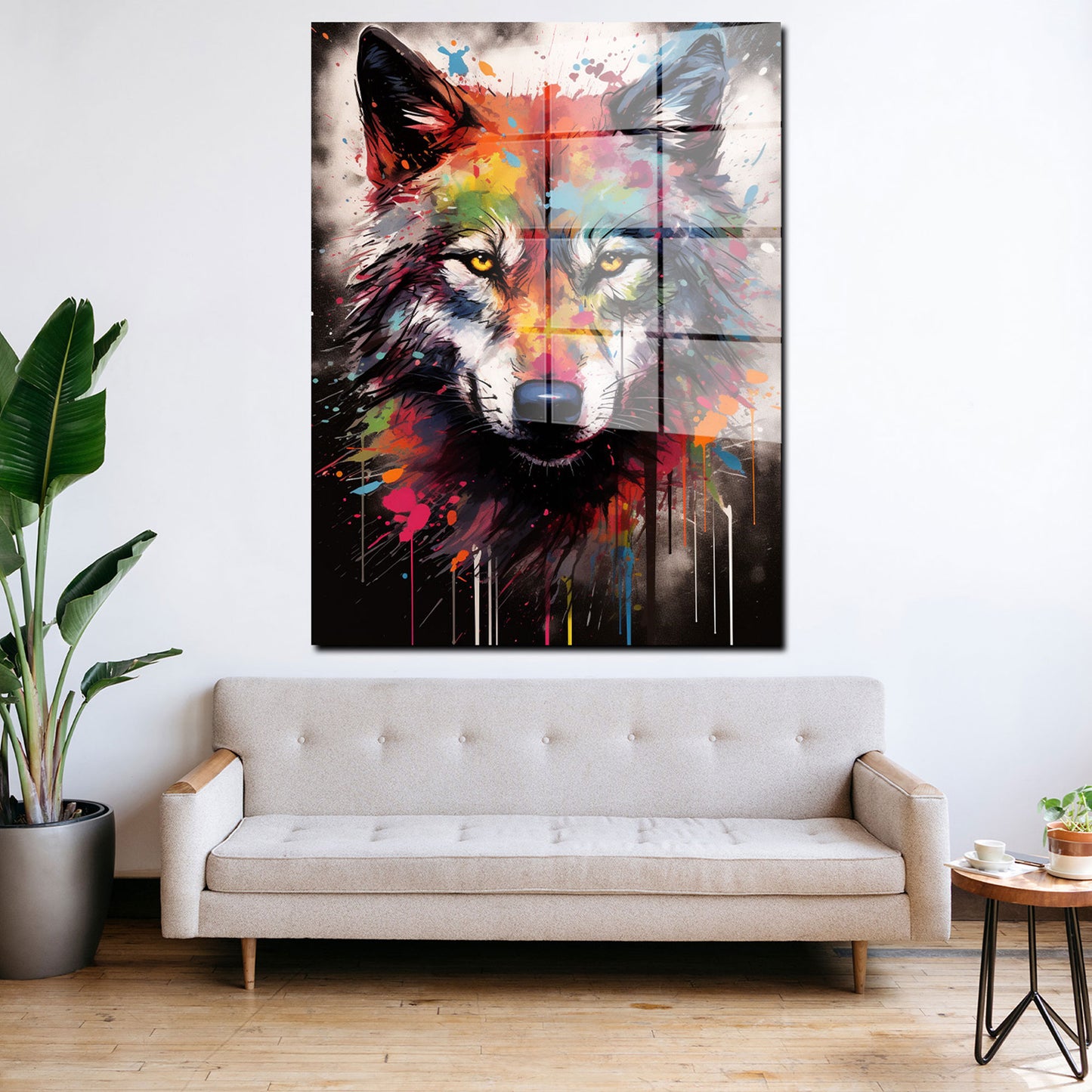 Wolf Pop Art abstrakt splatter Acrylglasbild Wandbild Bild Wanddeko Wohnzimmer XL