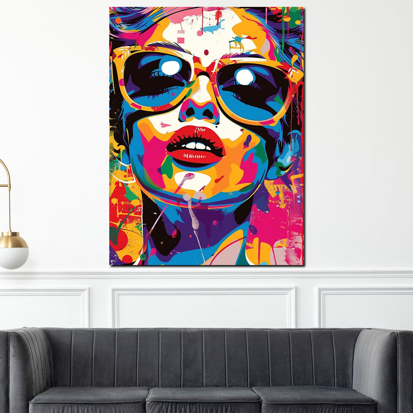 Pop Art modern bunt Frau mit Sonnenbrille Leinwandbild Wandbild XL Wanddeko