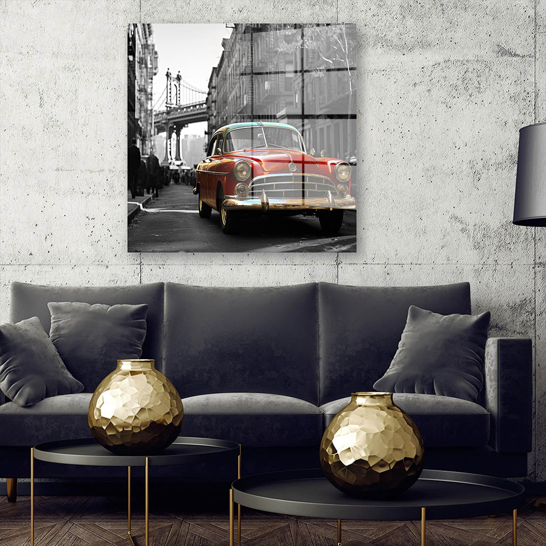 Schwarz weiß Oldtimer in rot Acrylglasbild Wandbild Bild Wanddeko Wohnzimmer XL