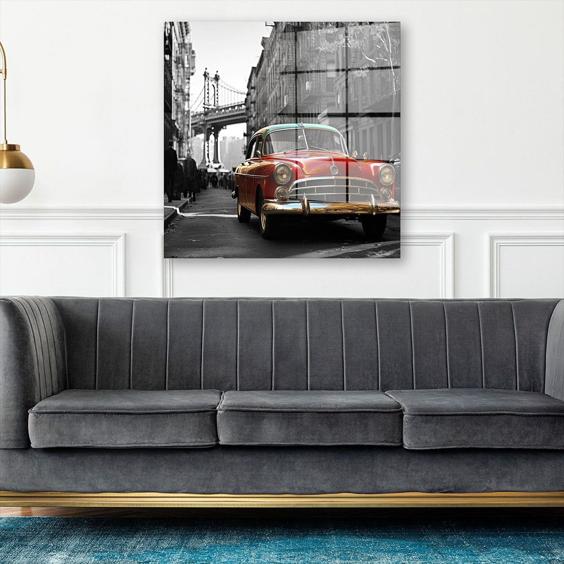Schwarz weiß Oldtimer in rot Acrylglasbild Wandbild Bild Wanddeko Wohnzimmer XL