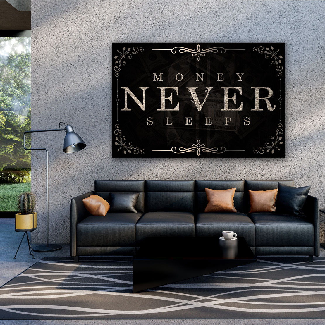 Motivation Mindset Money Never Sleeps Wandbild Leinwandbild Kunstdruck Deko