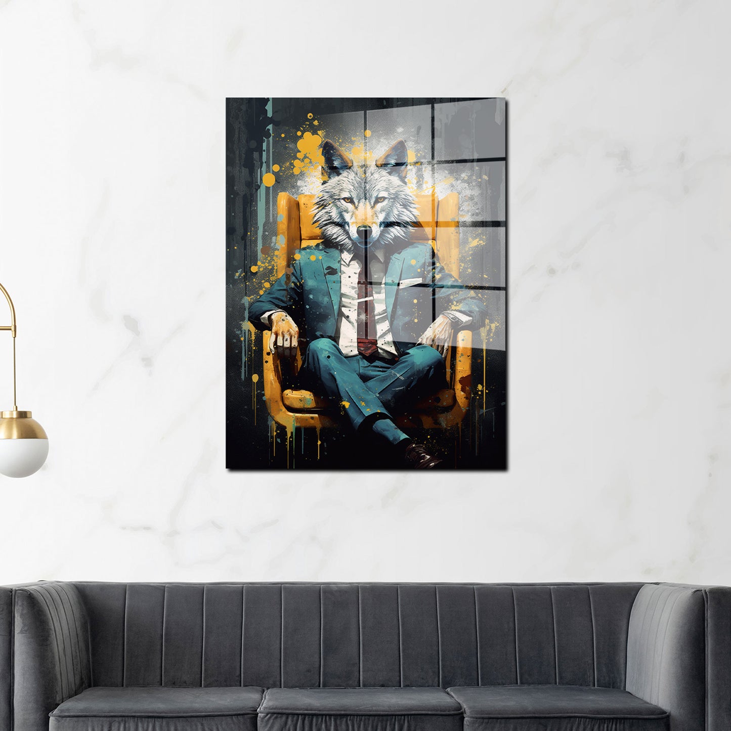 Wolf im Anzug Leder-Sessel Black Acrylglasbild Wandbild Bild Wanddeko XL