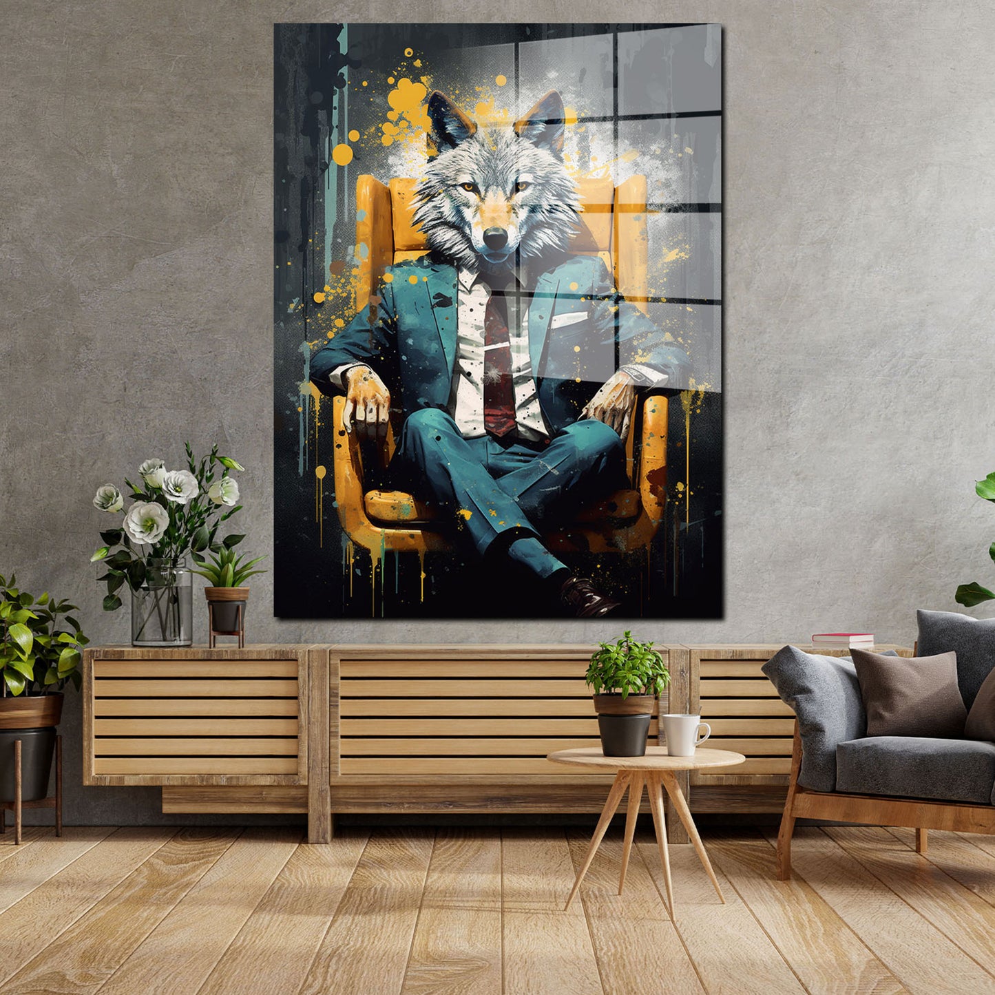 Wolf im Anzug Leder-Sessel Black Acrylglasbild Wandbild Bild Wanddeko XL