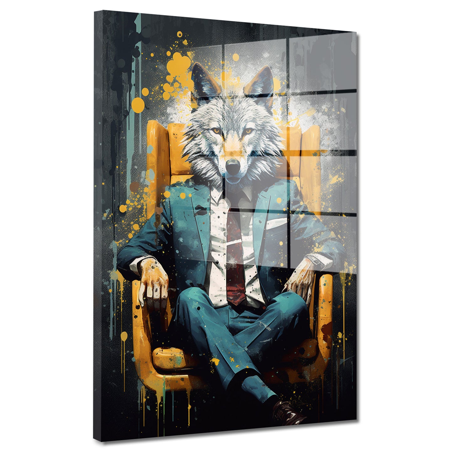 Wolf im Anzug Leder-Sessel Black Acrylglasbild Wandbild Bild Wanddeko XL