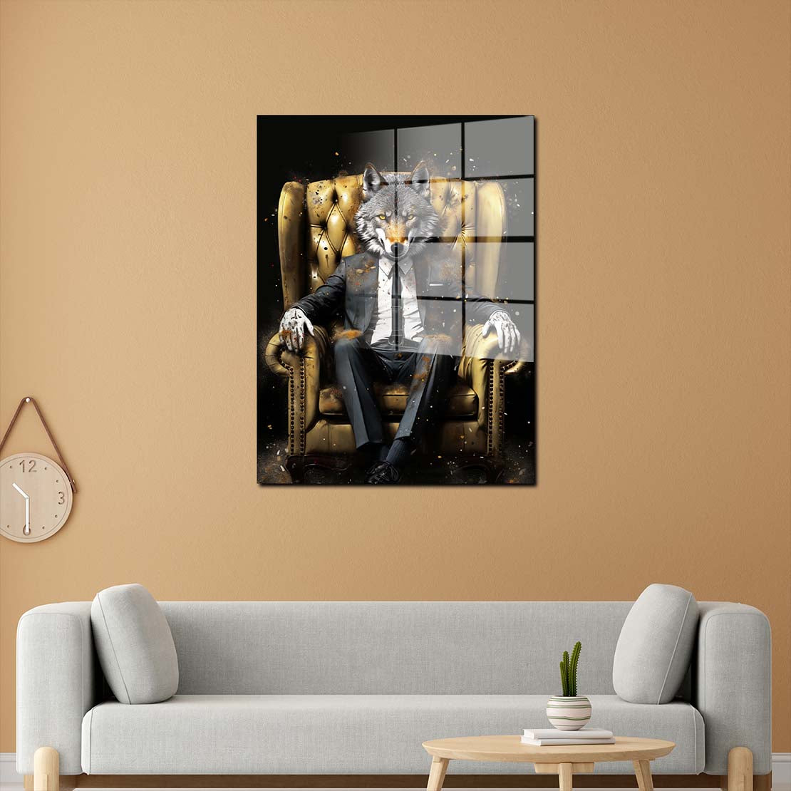 Wolf im Anzug Leder-Sessel Pop Art Acrylglasbild Wandbild Bild Wanddeko XL