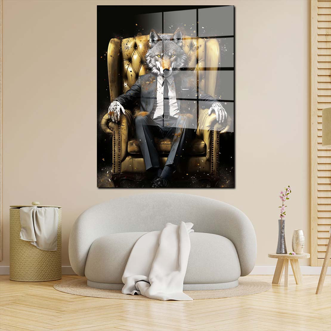 Wolf im Anzug Leder-Sessel Pop Art Acrylglasbild Wandbild Bild Wanddeko XL