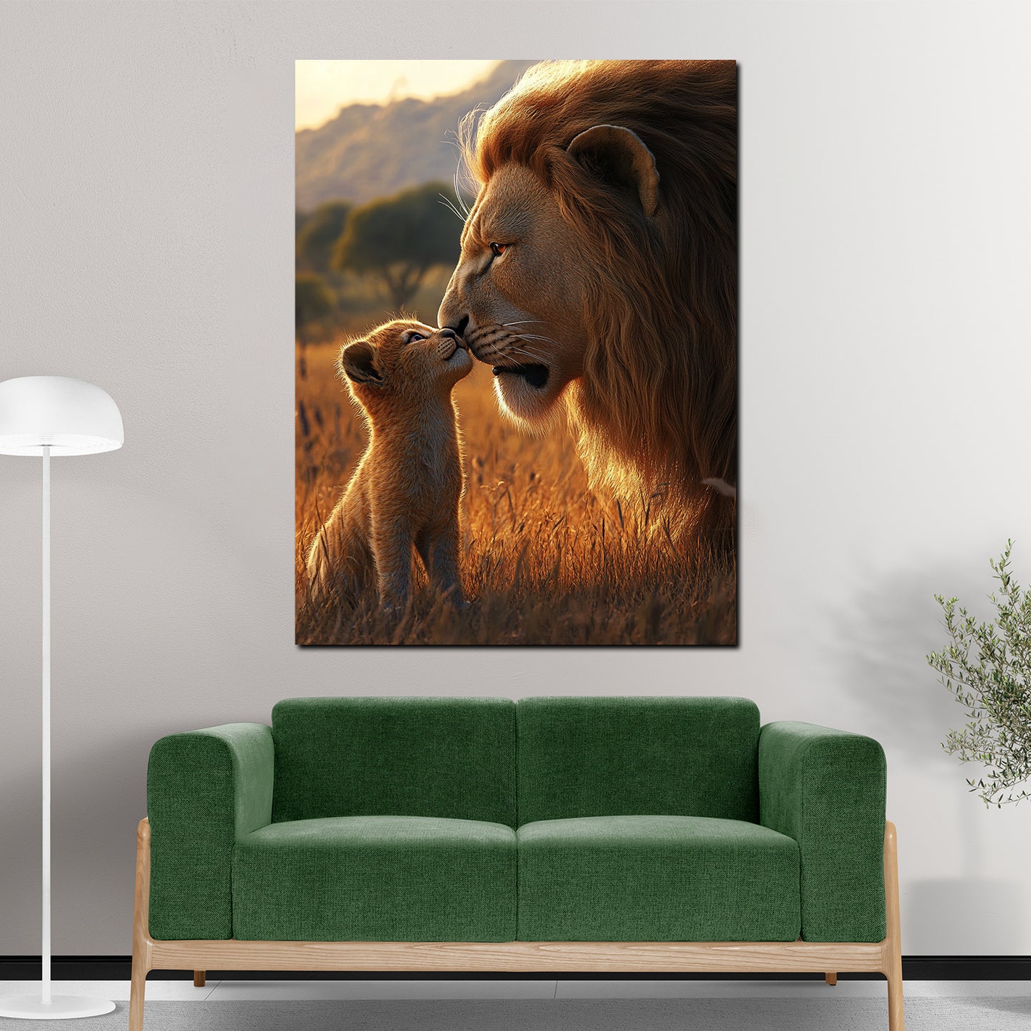 Löwe mit Jungtier Savanne Abend Leinwandbild Wandbild Kunstdruck XL Wanddeko