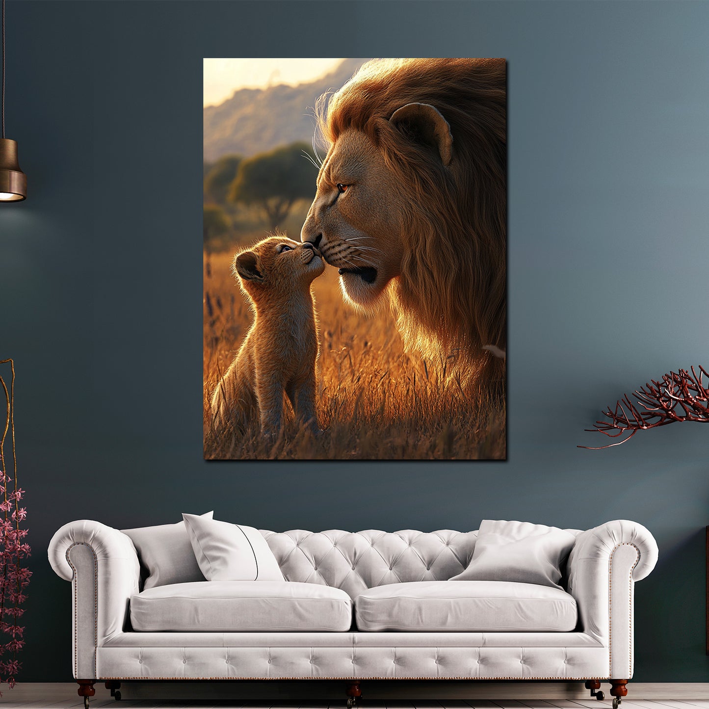 Löwe mit Jungtier Savanne Abend Leinwandbild Wandbild Kunstdruck XL Wanddeko