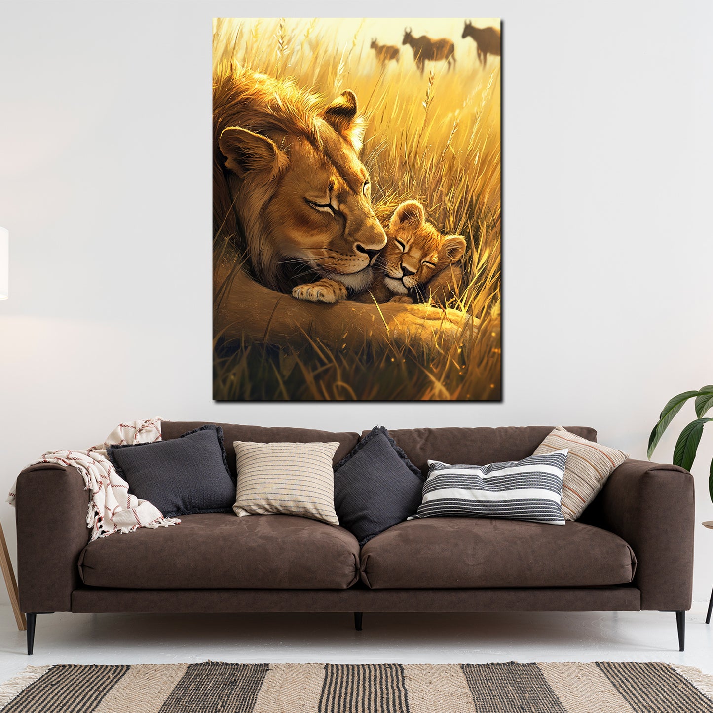 Löwin und Baby Tiermotiv Savanne Leinwandbild Wandbild Kunstdruck XL Wanddeko