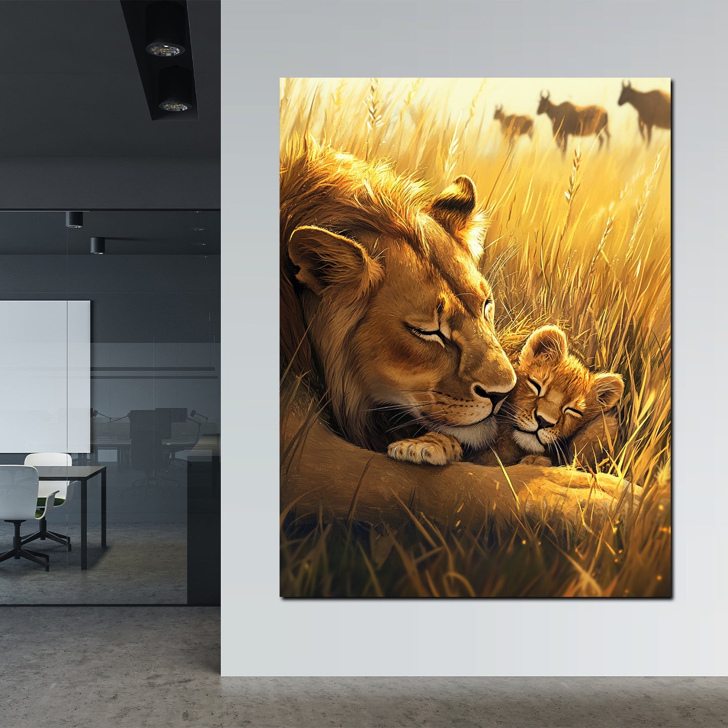 Löwin und Baby Tiermotiv Savanne Leinwandbild Wandbild Kunstdruck XL Wanddeko