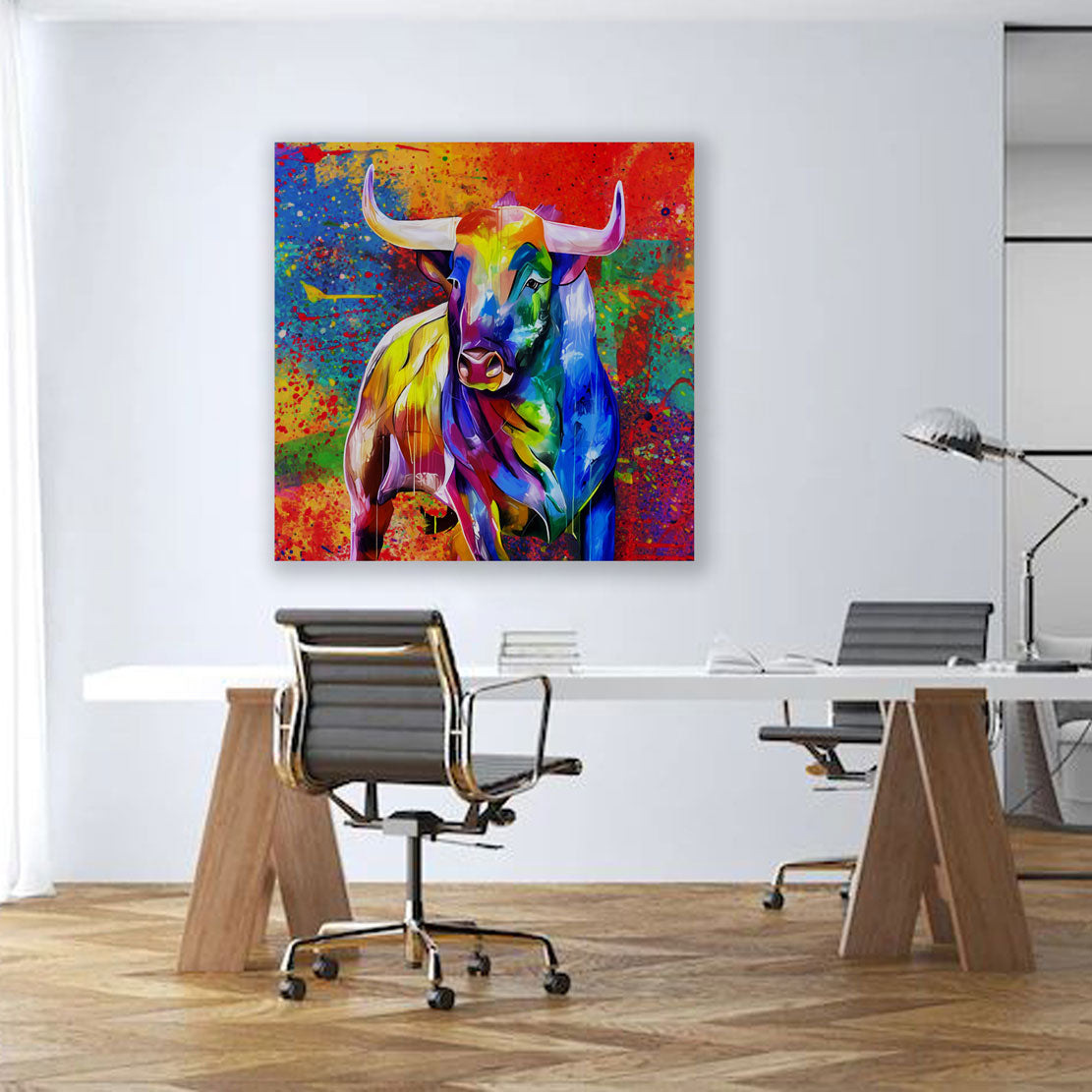 Pop Art Bull Stier farbig Leinwandbild Wandbild Kunstdruck XL Wanddeko