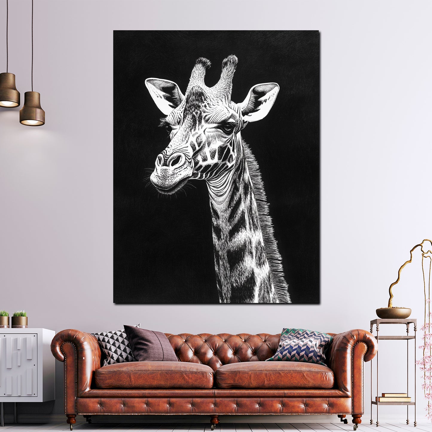 Schwarz Weiß Giraffe Tierporträt Leinwandbild Wandbild Kunstdruck XL Wanddeko
