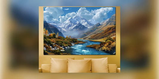 Leinwandbild Landschaft mit Bergen und Fluss über einem beigen Sofa
