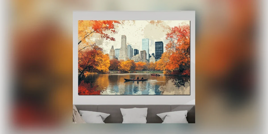 Wandbild des Central Parks in New York im Herbst über einem Sofa (Raumvisualisierung)