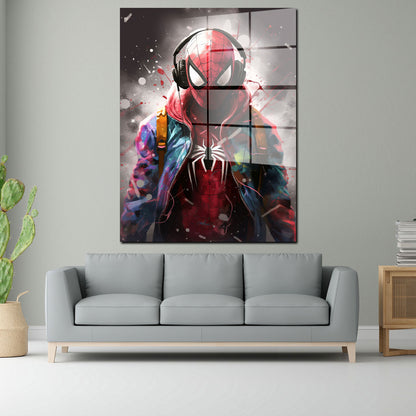 Abstrakt Spider Man mit Kopfhörer Acrylglasbild Wandbild Bild Wanddeko Wohnzimmer XL