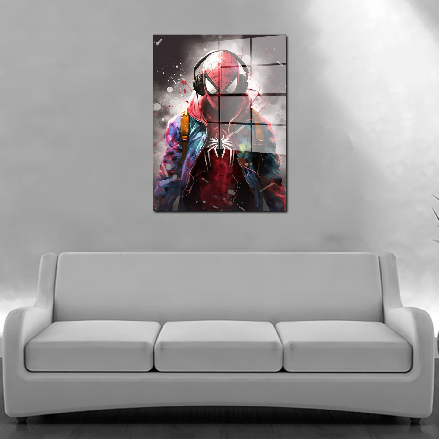 Abstrakt Spider Man mit Kopfhörer Acrylglasbild Wandbild Bild Wanddeko Wohnzimmer XL