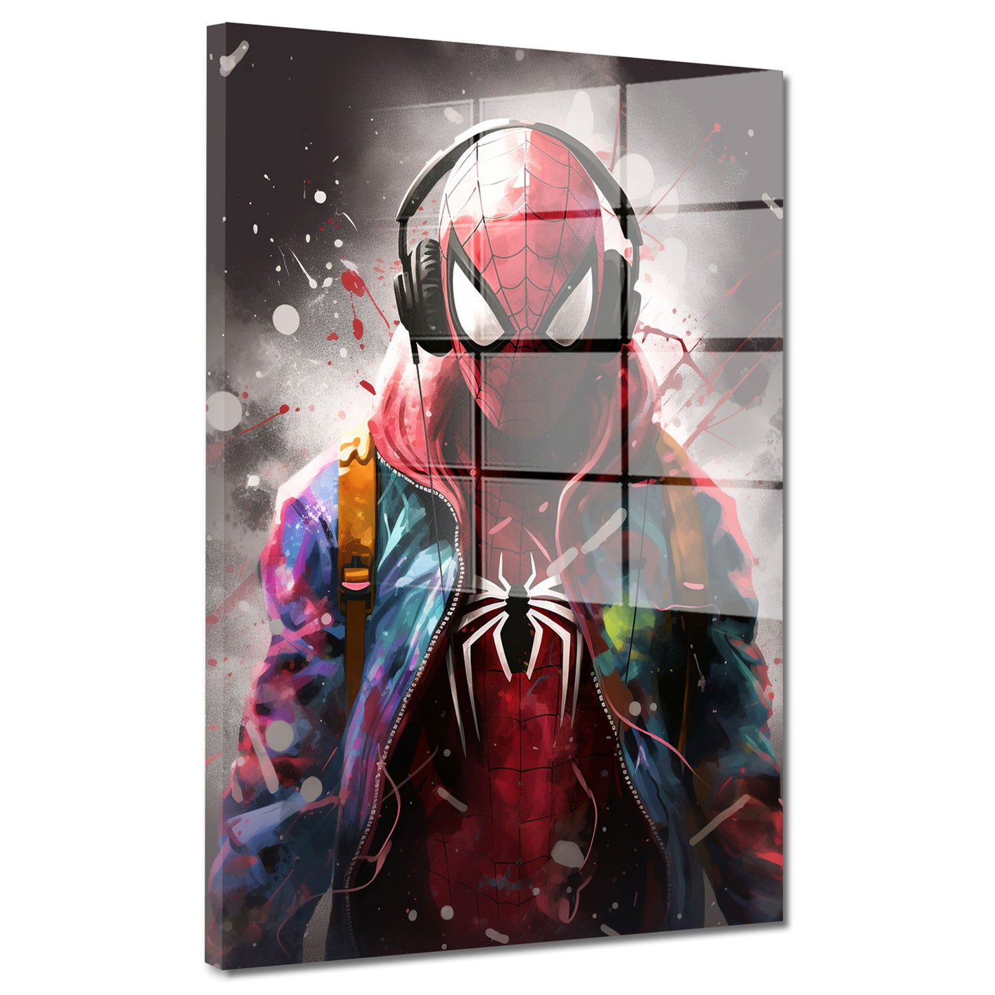 Abstrakt Spider Man mit Kopfhörer Acrylglasbild Wandbild Bild Wanddeko Wohnzimmer XL