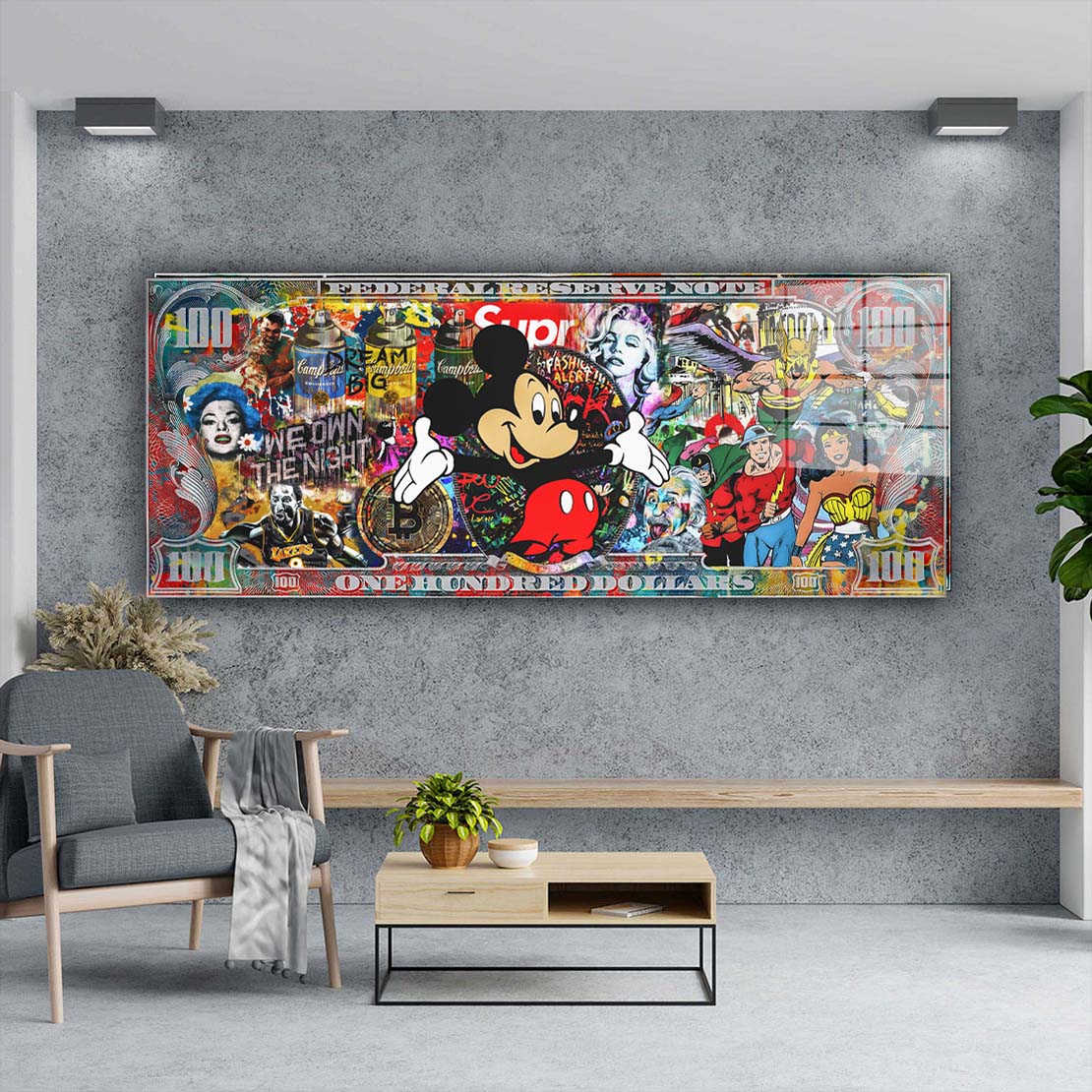 Collage Dollar Pop Art Maus Comic Acrylglasbild Wandbild Bild Wanddeko Wohnzimmer XL