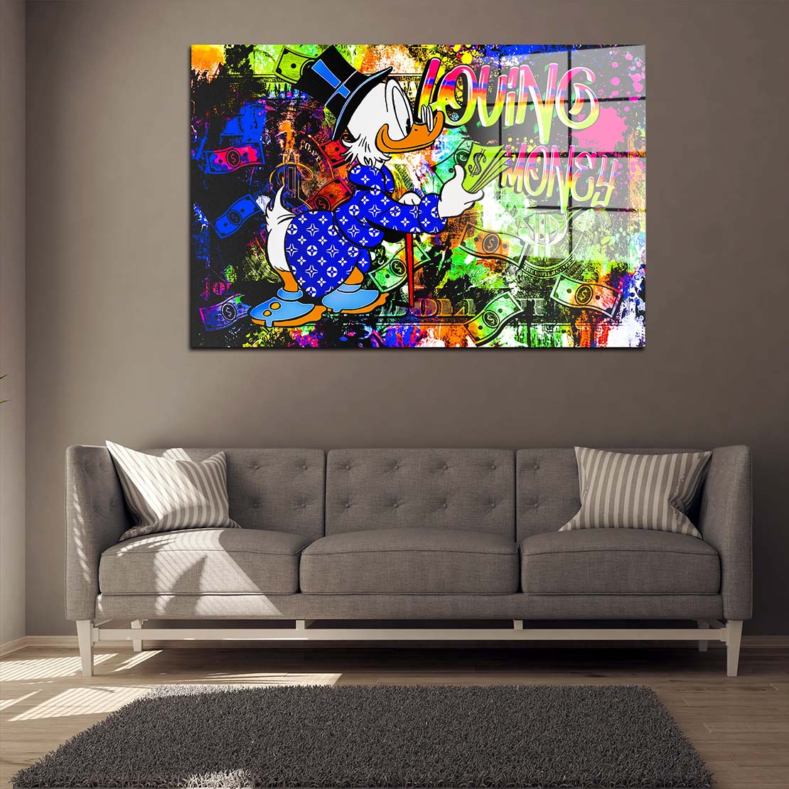 Duck Loving Money Pop Art Comic Acrylglasbild Wandbild Bild Wanddeko Wohnzimmer