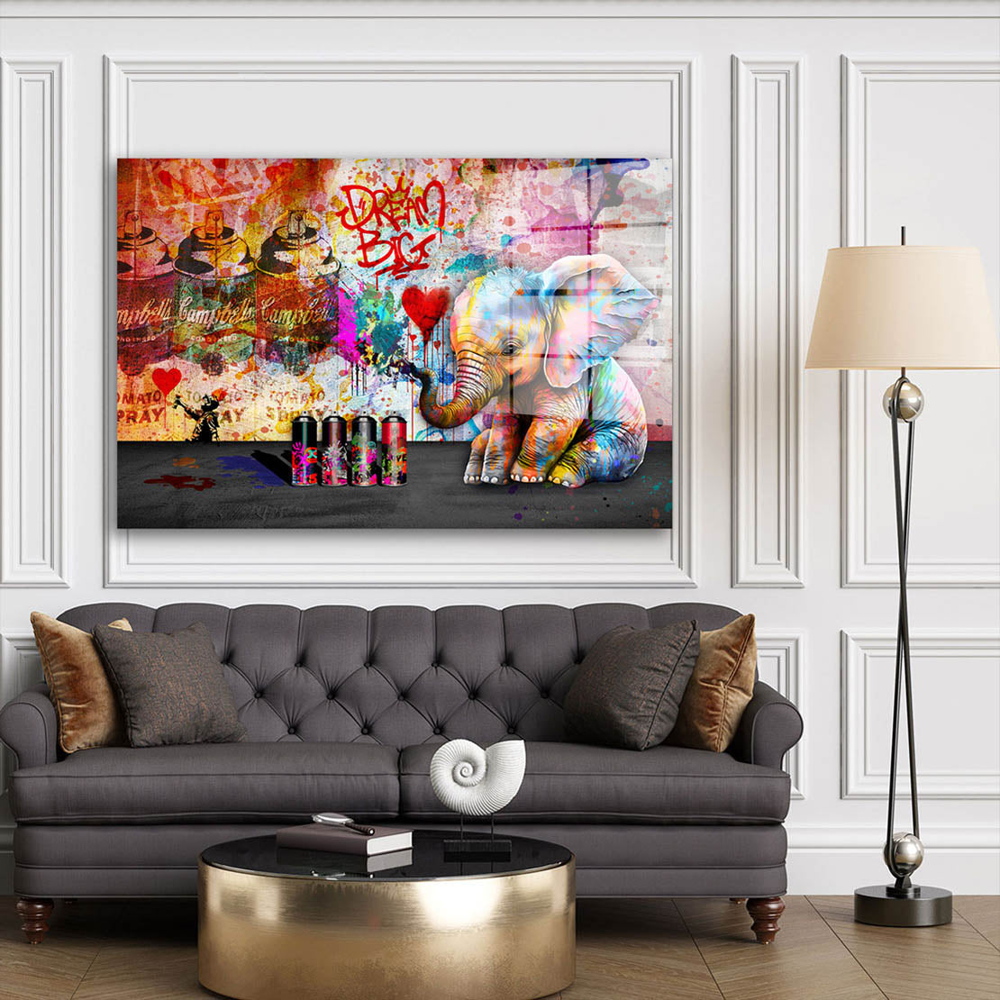 Elefant mit Spraydosen Acrylglasbild Wandbild Bild Wanddeko Wohnzimmer XL