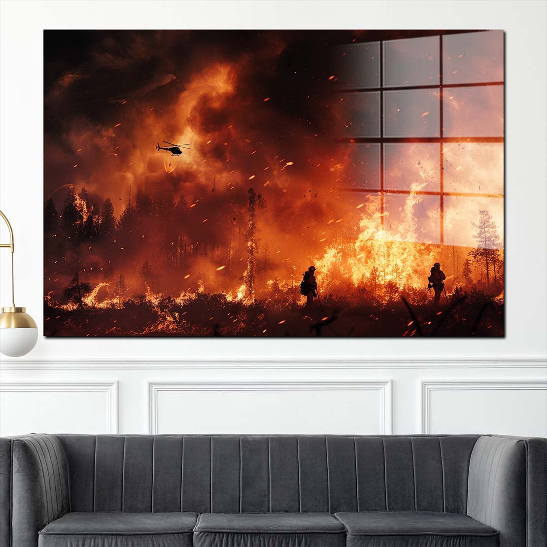 Feuerwehrmänner im Flammen Inferno Acrylglasbild Wandbild Bild Wanddeko XL