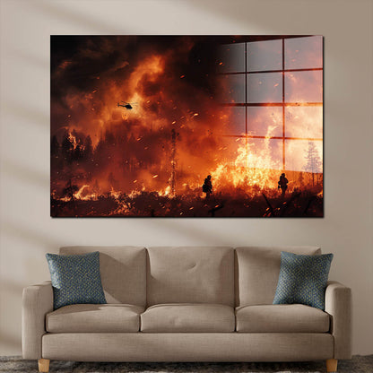 Feuerwehrmänner im Flammen Inferno Acrylglasbild Wandbild Bild Wanddeko XL