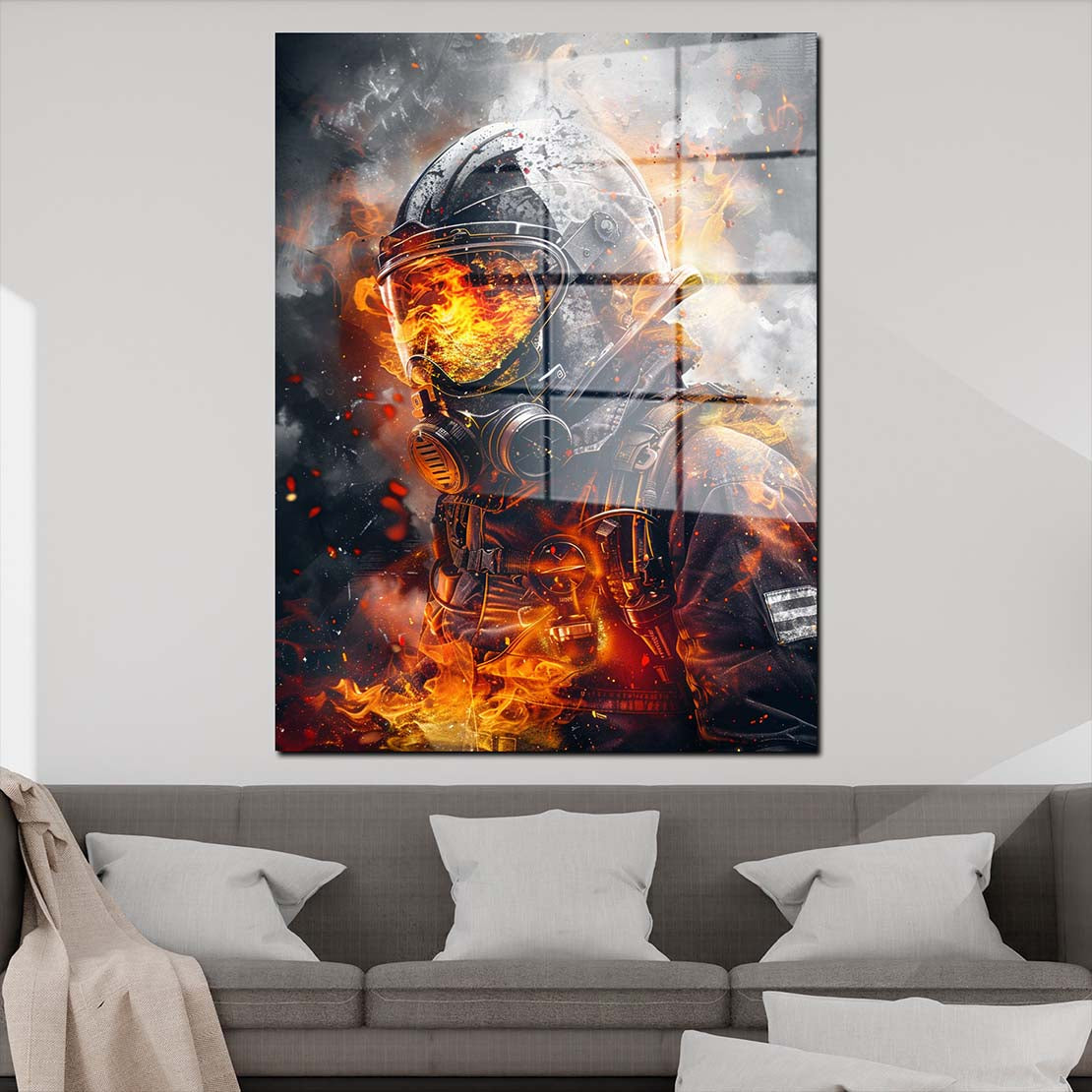 Feuerwehrmann im Einsatz Acrylglasbild Wandbild Bild Wanddeko Wohnzimmer XL