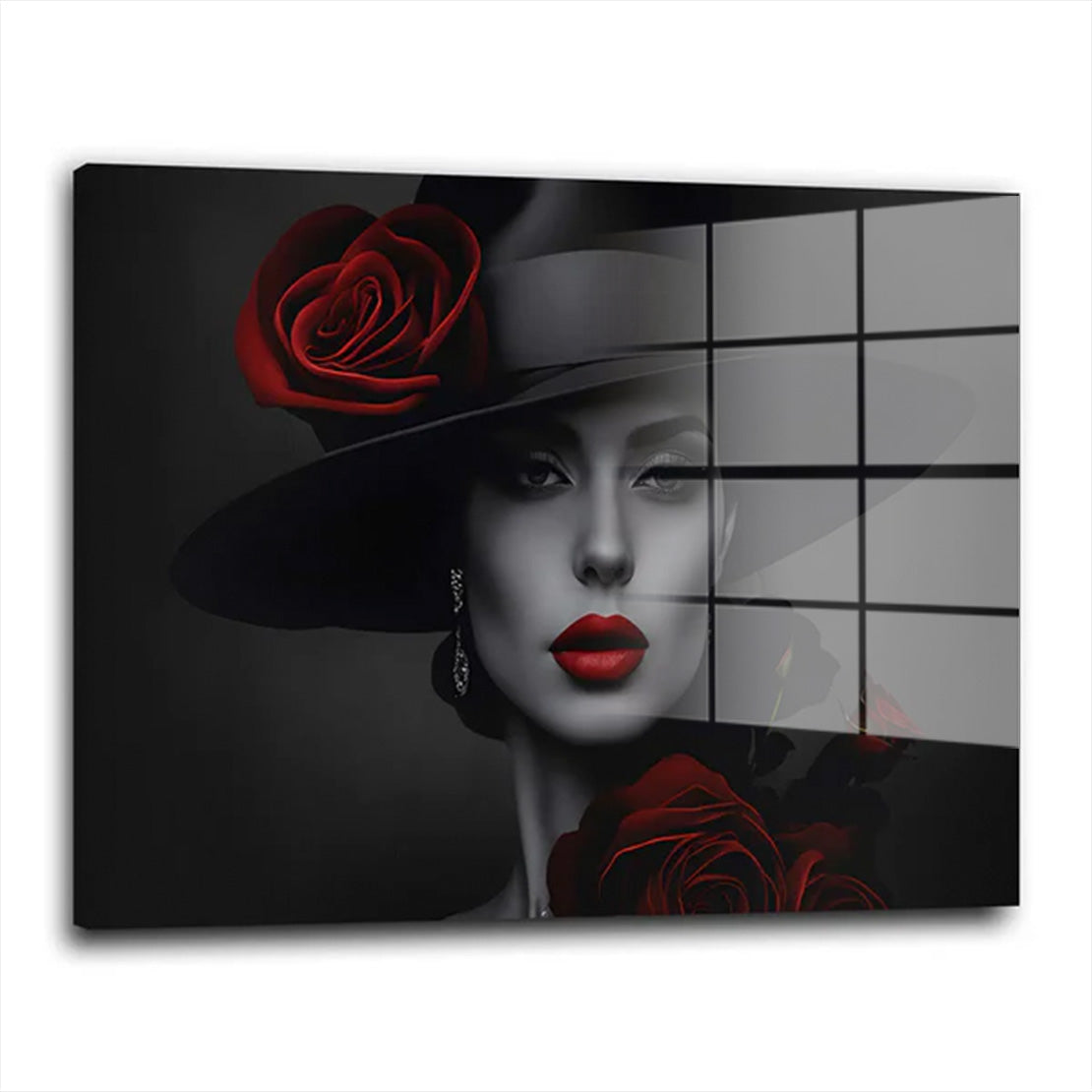 Frau mit Hut und rote Blumen Acrylglasbild Wandbild Bild Wanddeko XL