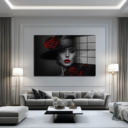 Frau mit Hut und rote Blumen Acrylglasbild Wandbild Bild Wanddeko XL