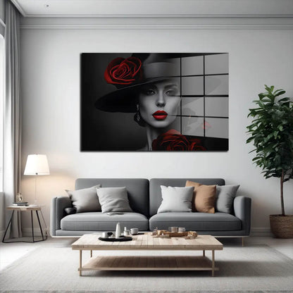 Frau mit Hut und rote Blumen Acrylglasbild Wandbild Bild Wanddeko XL