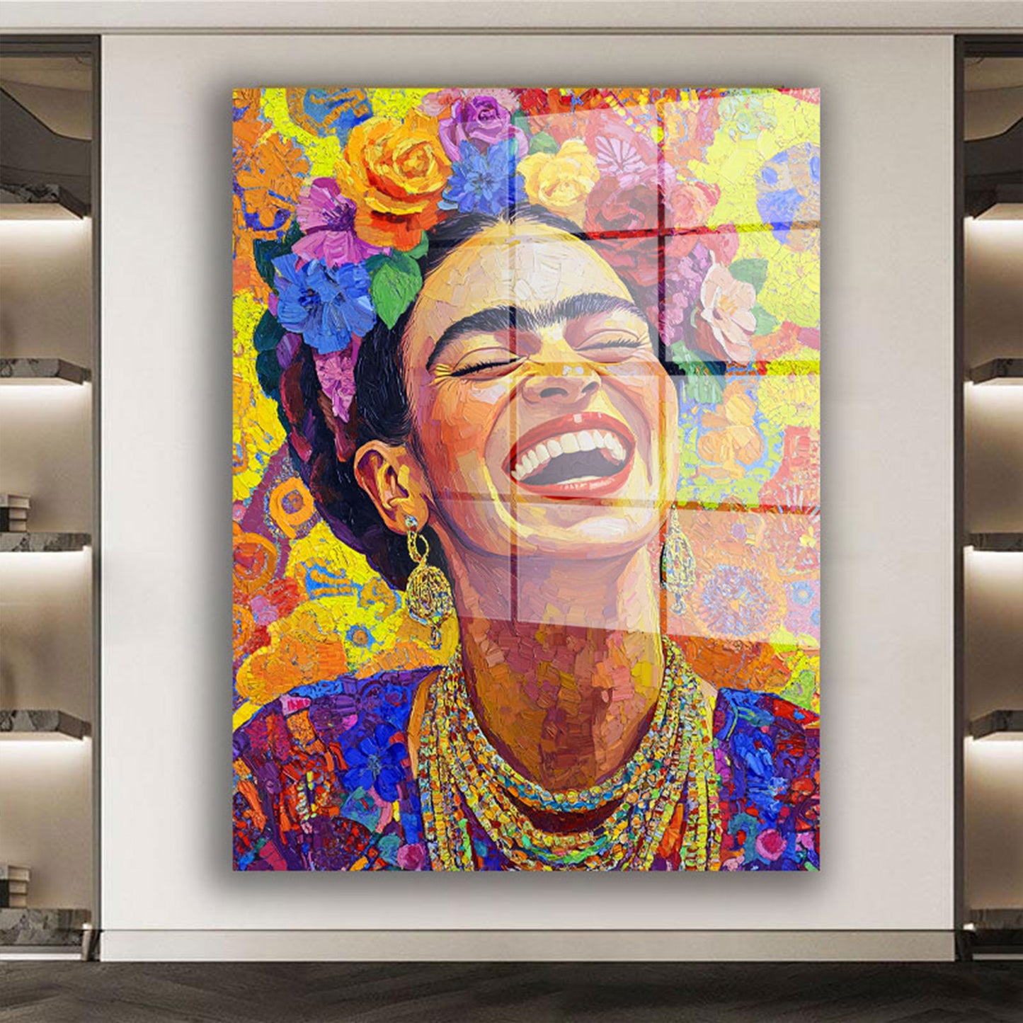 Frida Porträt mit Blumen Acrylglasbild Wandbild Bild Wanddeko Wohnzimmer XL