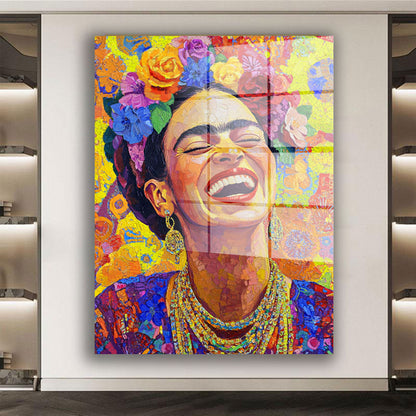 Frida Porträt mit Blumen Acrylglasbild Wandbild Bild Wanddeko Wohnzimmer XL