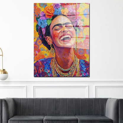 Frida mit Blumen Pop Art Acrylglasbild Wandbild Bild Wanddeko Wohnzimmer XL
