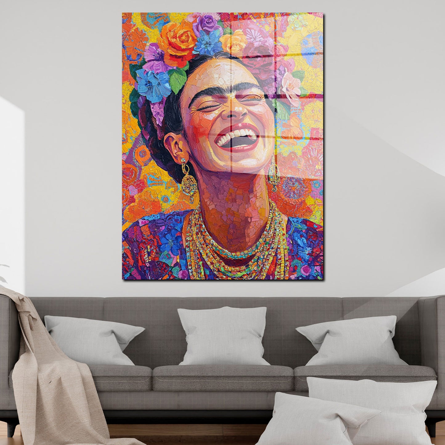 Frida mit Blumen Pop Art Acrylglasbild Wandbild Bild Wanddeko Wohnzimmer XL