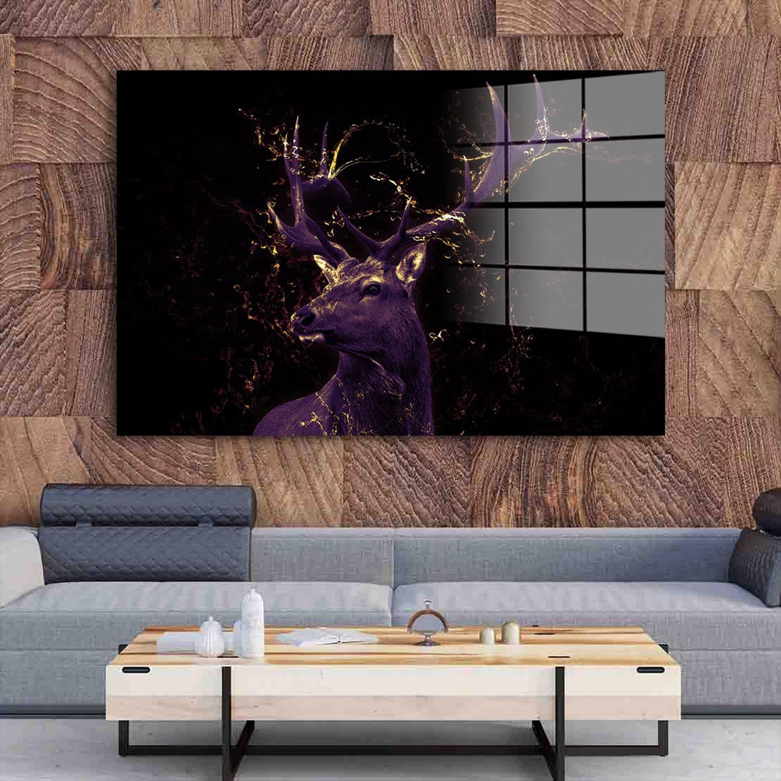 Hirsch abstrakt Gold Acrylglasbild Wandbild Bild Wanddeko Wohnzimmer XL