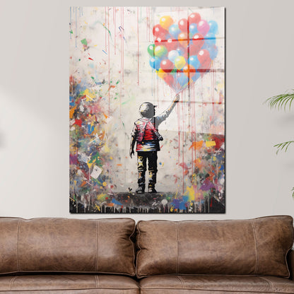 Junge mit bunten Luftballons Acrylglasbild Wandbild Bild Wanddeko XL