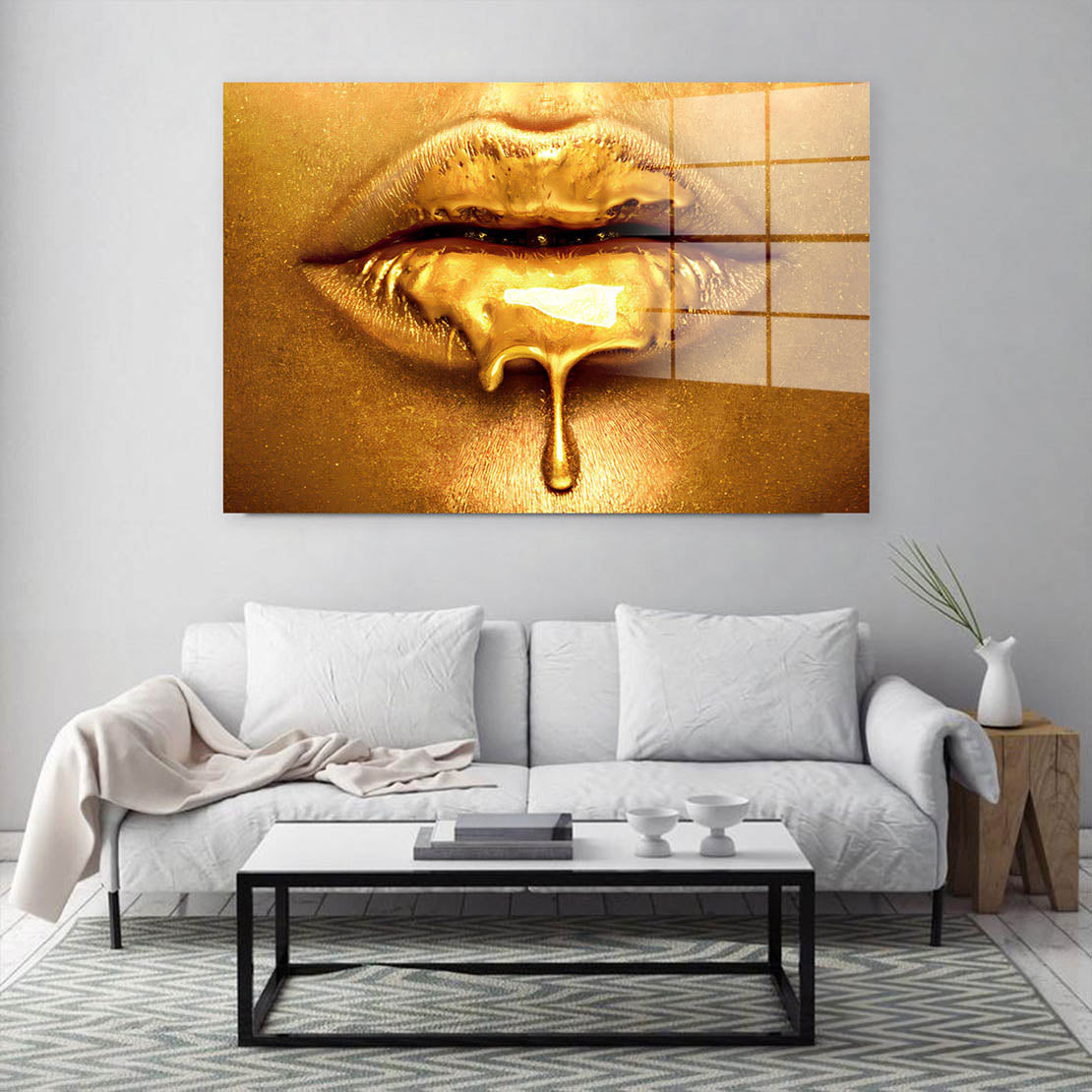 Lippen Gold Style Acrylglasbild Wandbild Bild Wanddeko Wohnzimmer XL