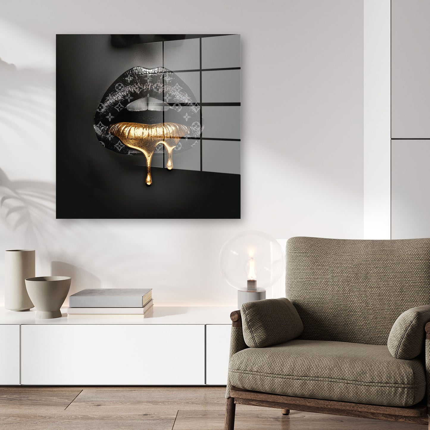 Lippen in Goldoptik Luxus Acrylglasbild Wandbild Bild Wanddeko XL