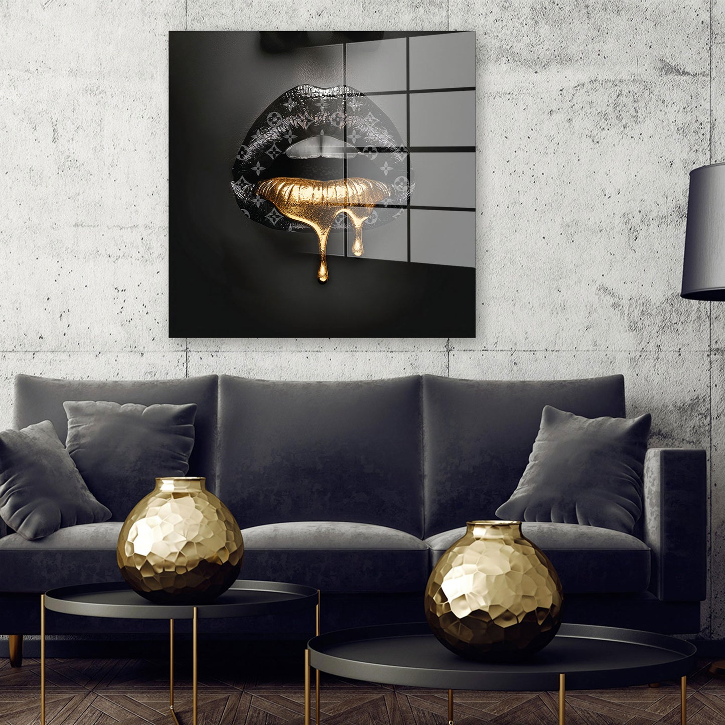 Lippen in Goldoptik Luxus Acrylglasbild Wandbild Bild Wanddeko XL