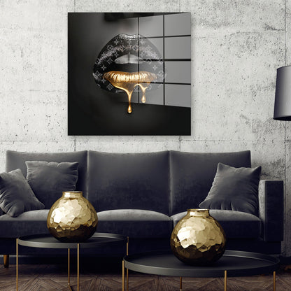 Lippen in Goldoptik Luxus Acrylglasbild Wandbild Bild Wanddeko XL