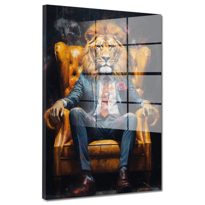 Löwe im Anzug sitzend Acrylglasbild Wandbild Bild Wanddeko Wohnzimmer XL