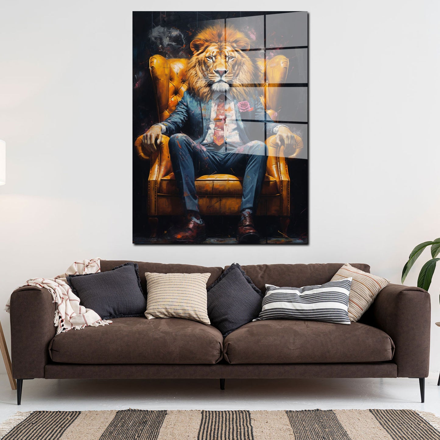 Löwe im Anzug sitzend Acrylglasbild Wandbild Bild Wanddeko Wohnzimmer XL