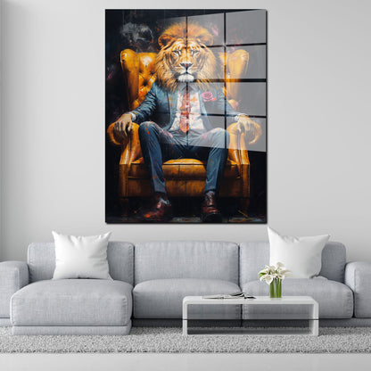 Löwe im Anzug sitzend Acrylglasbild Wandbild Bild Wanddeko Wohnzimmer XL