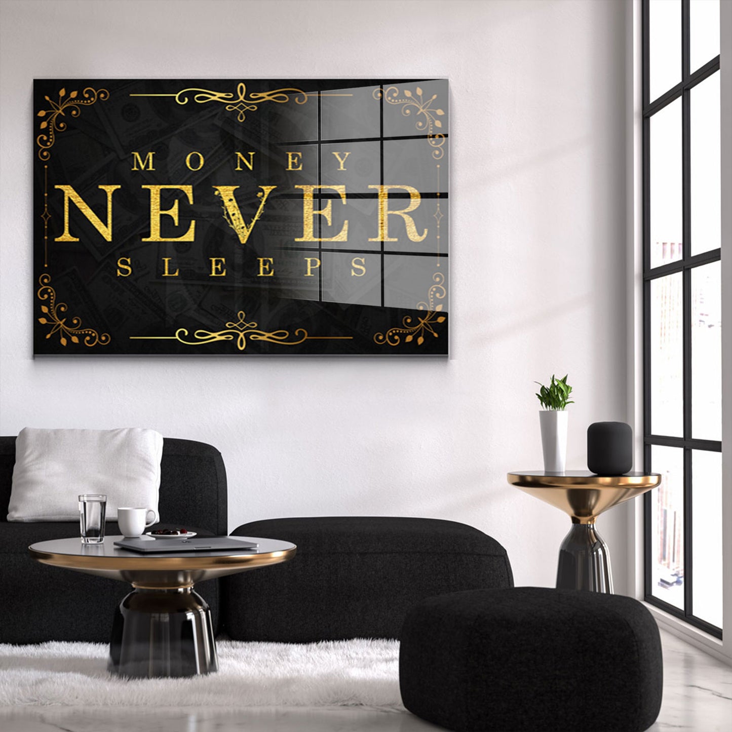 Money Never Sleeps Gold Acrylglasbild Wandbild Bild Wanddeko Wohnzimmer XL